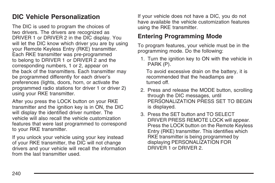 Dic vehicle personalization | Buick 2007 Rendezvous User Manual | Page 240 / 528