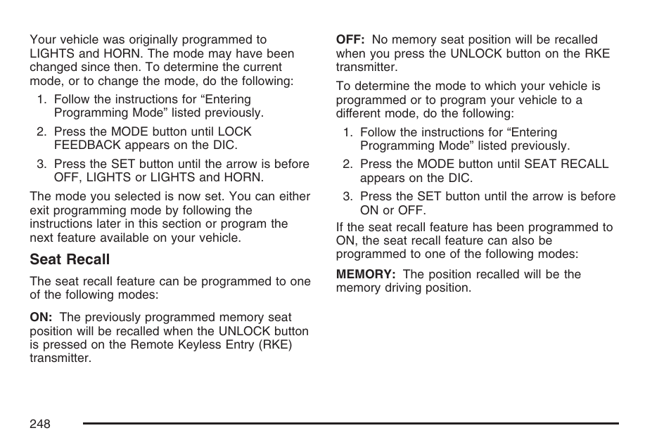 Seat recall | Buick 2007 Rendezvous User Manual | Page 248 / 528