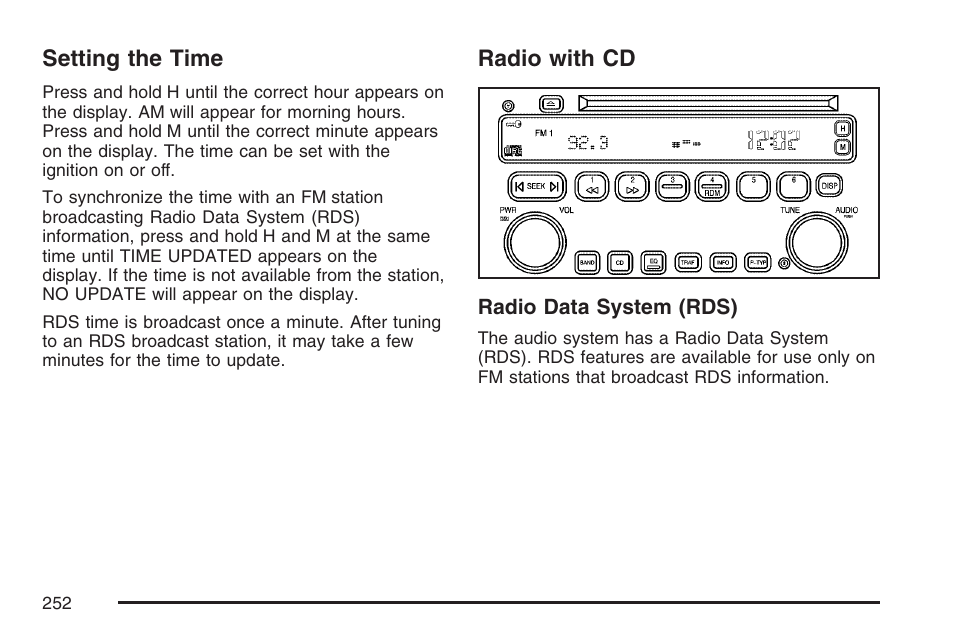 Setting the time, Radio with cd, Setting the time radio with cd | Buick 2007 Rendezvous User Manual | Page 252 / 528