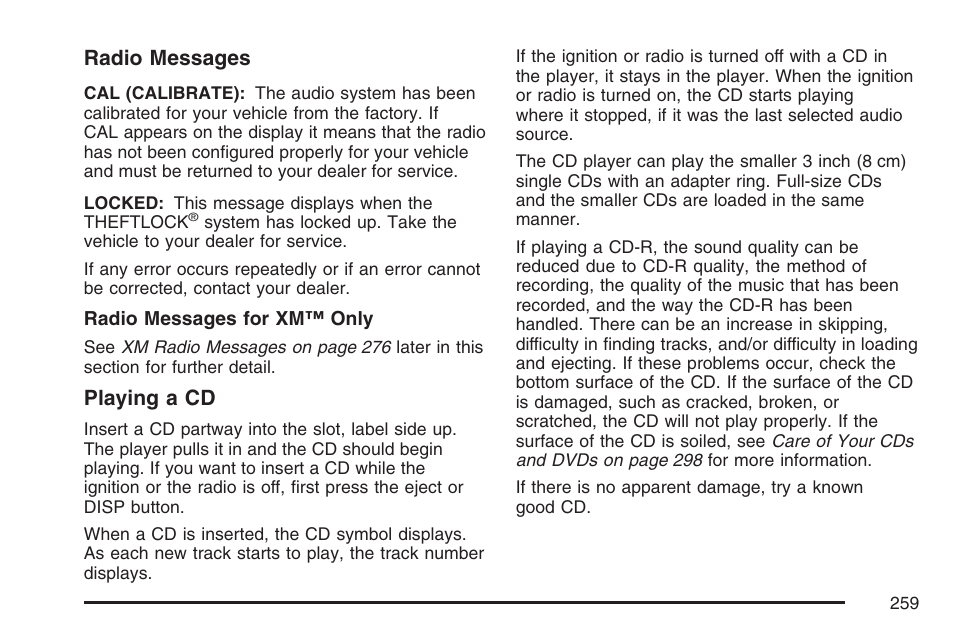 Radio messages, Playing a cd | Buick 2007 Rendezvous User Manual | Page 259 / 528