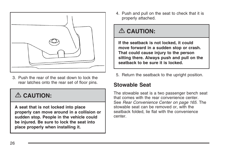 Stowable seat, Caution | Buick 2007 Rendezvous User Manual | Page 26 / 528