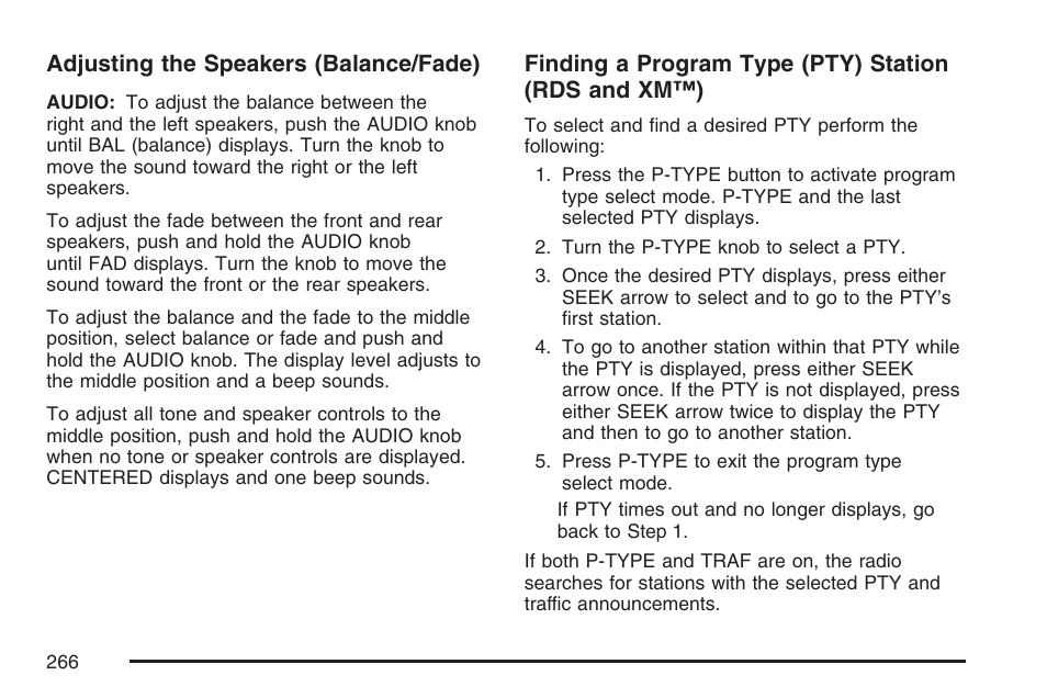 Adjusting the speakers (balance/fade), Finding a program type (pty) station (rds and xm™) | Buick 2007 Rendezvous User Manual | Page 266 / 528