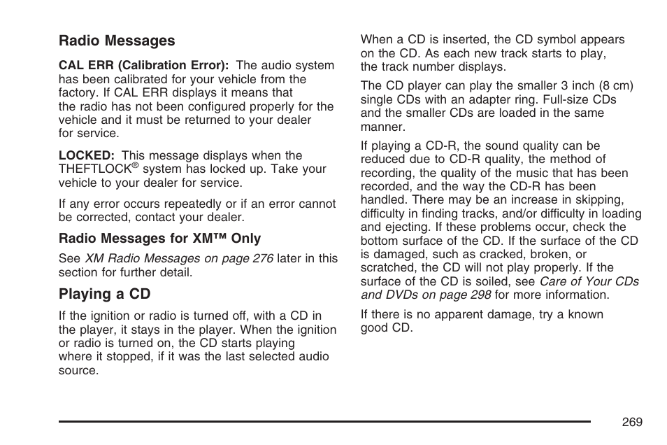 Radio messages, Playing a cd | Buick 2007 Rendezvous User Manual | Page 269 / 528