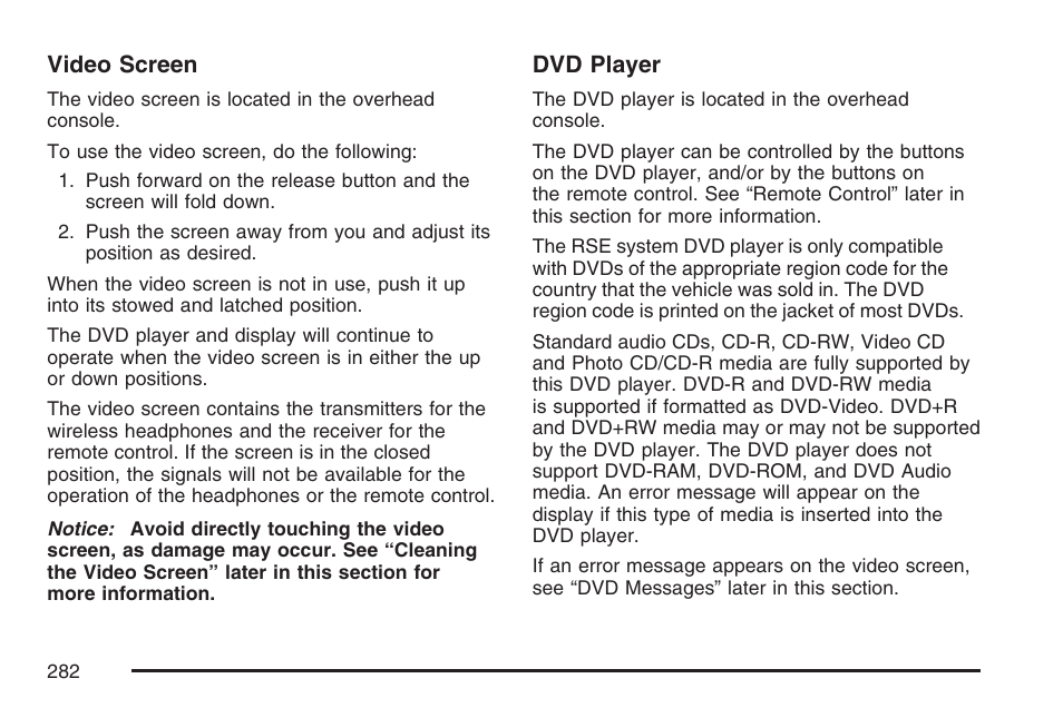 Video screen, Dvd player | Buick 2007 Rendezvous User Manual | Page 282 / 528