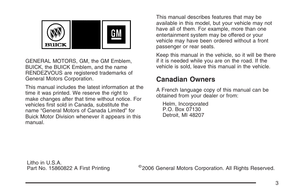 Canadian owners | Buick 2007 Rendezvous User Manual | Page 3 / 528
