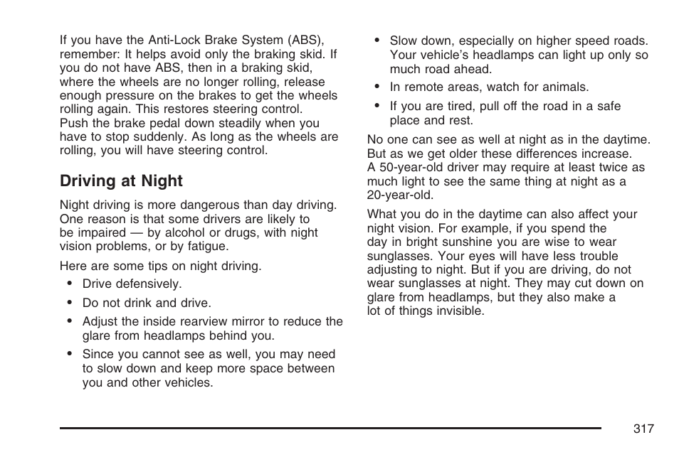 Driving at night | Buick 2007 Rendezvous User Manual | Page 317 / 528