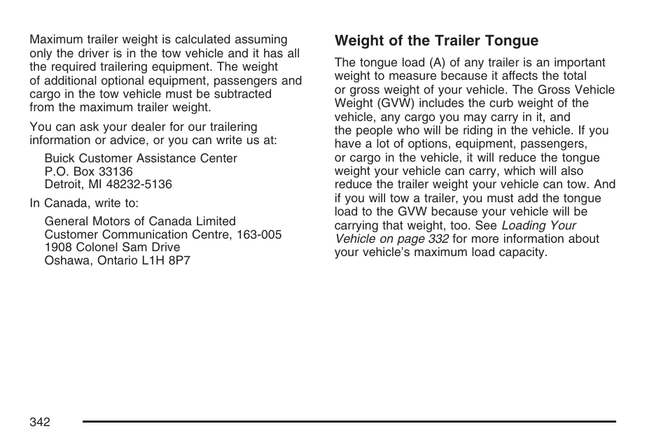 Weight of the trailer tongue | Buick 2007 Rendezvous User Manual | Page 342 / 528