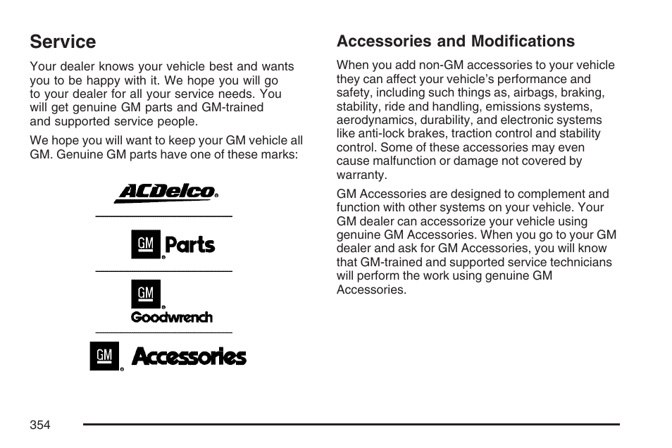 Service, Accessories and modifications | Buick 2007 Rendezvous User Manual | Page 354 / 528