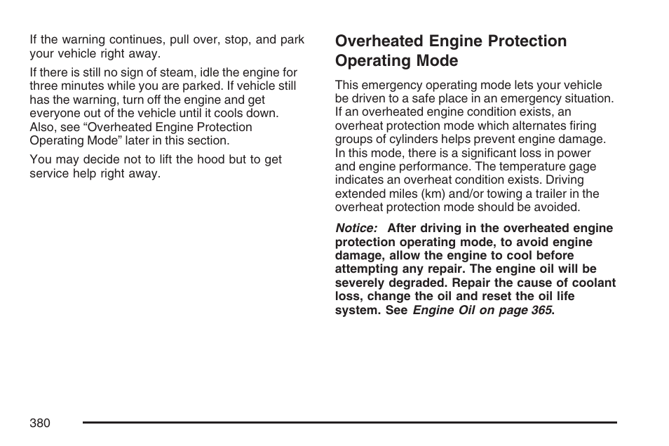 Overheated engine protection operating mode, Overheated engine protection, Operating mode | Buick 2007 Rendezvous User Manual | Page 380 / 528