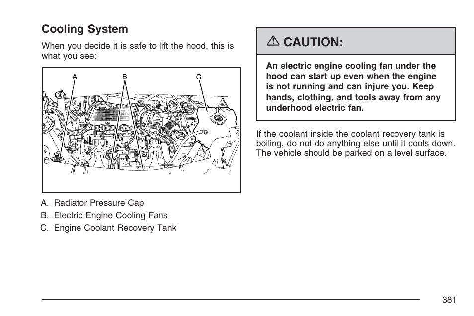 Cooling system, Cooling, System | Caution | Buick 2007 Rendezvous User Manual | Page 381 / 528