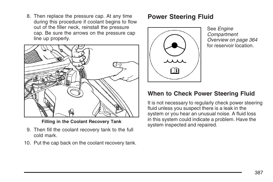 Power steering fluid, Power, Steering fluid | Buick 2007 Rendezvous User Manual | Page 387 / 528