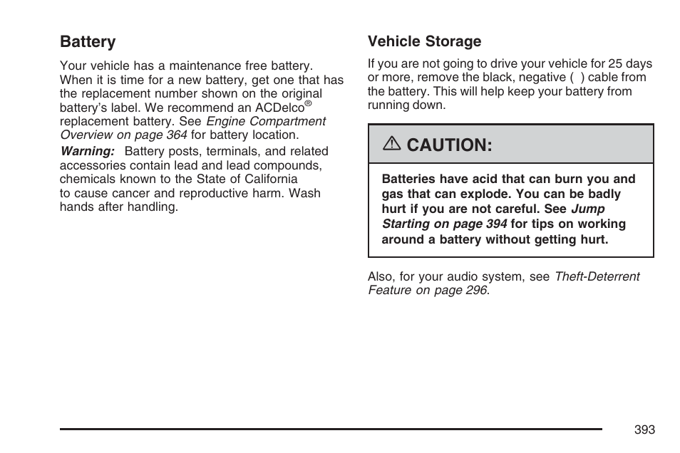 Battery, Caution | Buick 2007 Rendezvous User Manual | Page 393 / 528