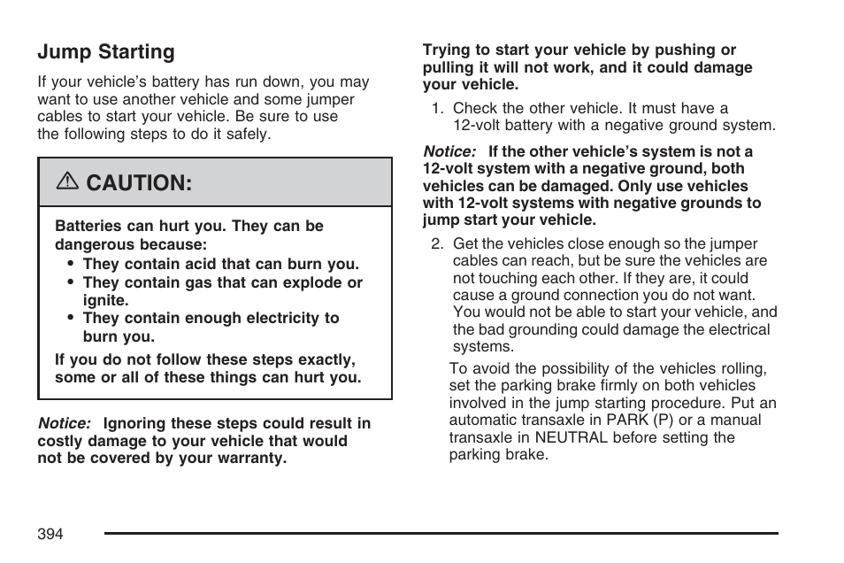 Jump starting, Jump, Starting | Caution | Buick 2007 Rendezvous User Manual | Page 394 / 528