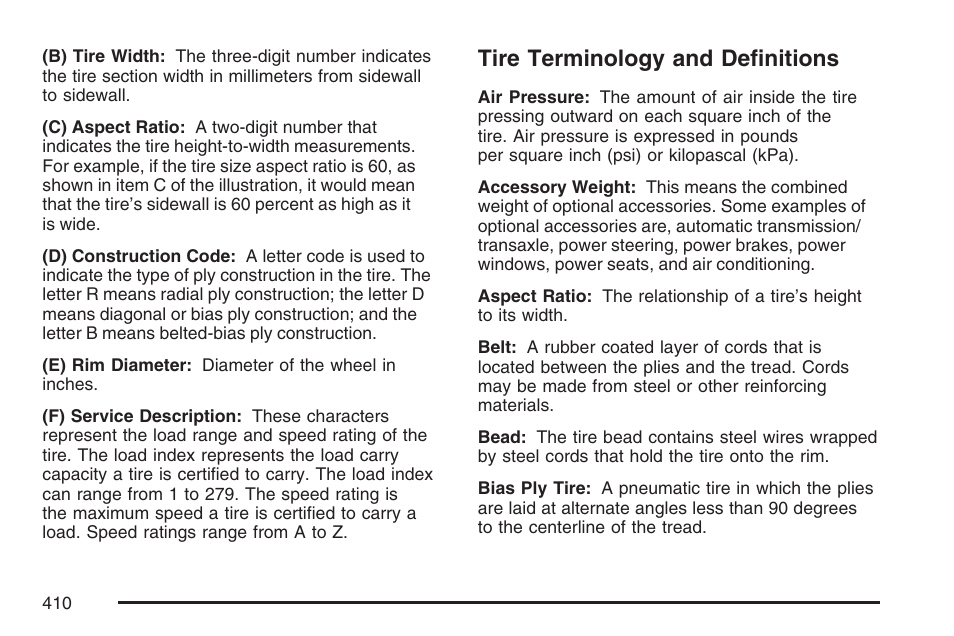 Tire terminology and definitions | Buick 2007 Rendezvous User Manual | Page 410 / 528