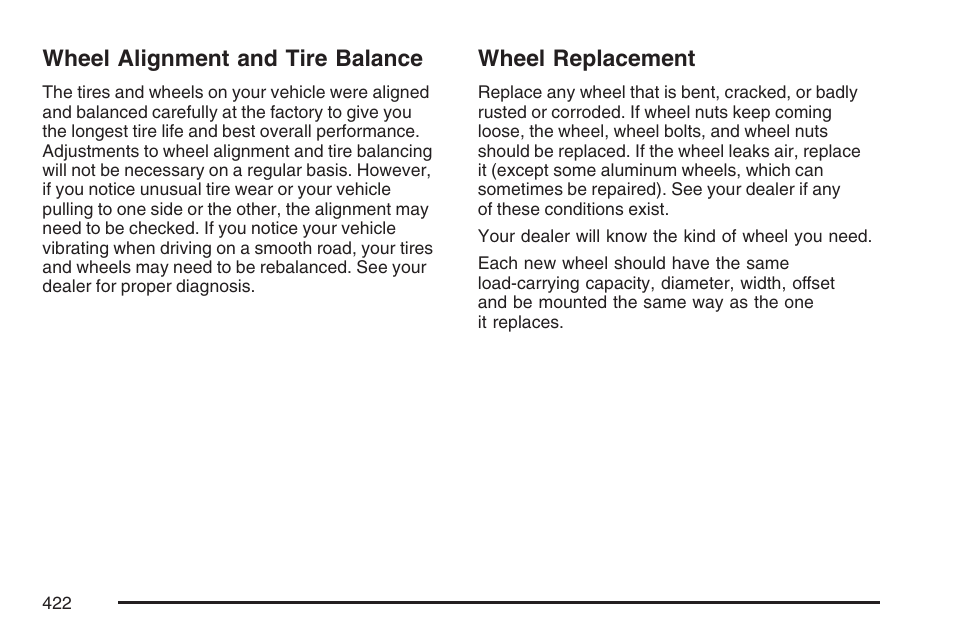 Wheel alignment and tire balance, Wheel replacement, Wheel alignment and tire balance wheel replacement | Buick 2007 Rendezvous User Manual | Page 422 / 528