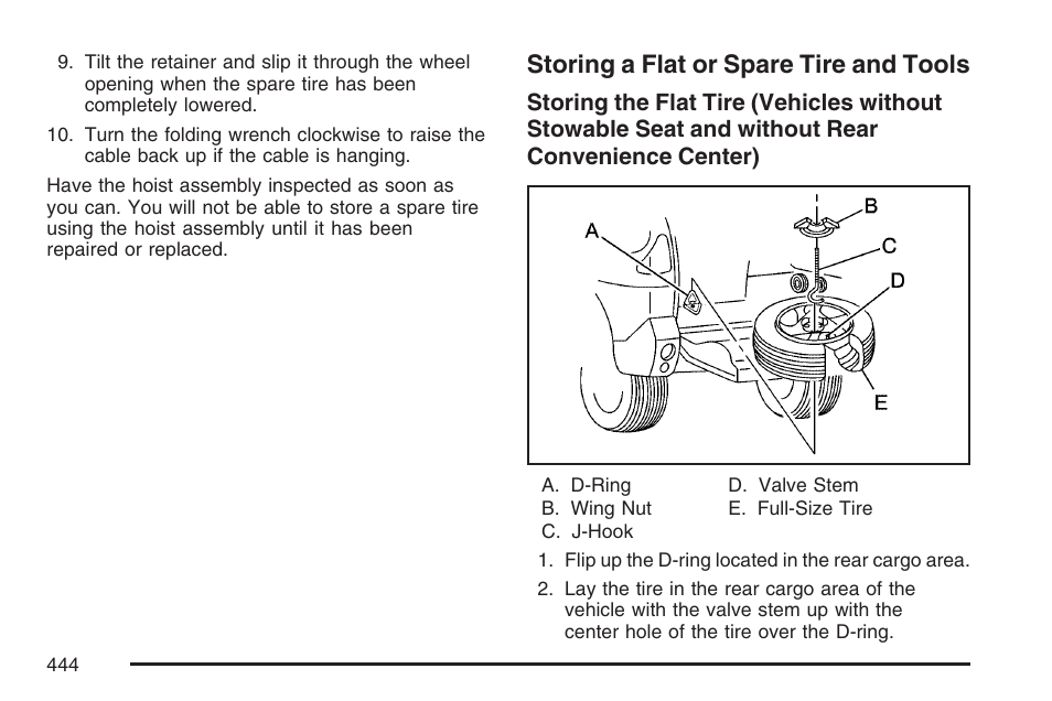 Storing a flat or spare tire and tools | Buick 2007 Rendezvous User Manual | Page 444 / 528