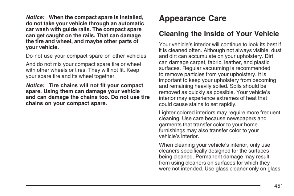 Appearance care, Cleaning the inside of your vehicle | Buick 2007 Rendezvous User Manual | Page 451 / 528