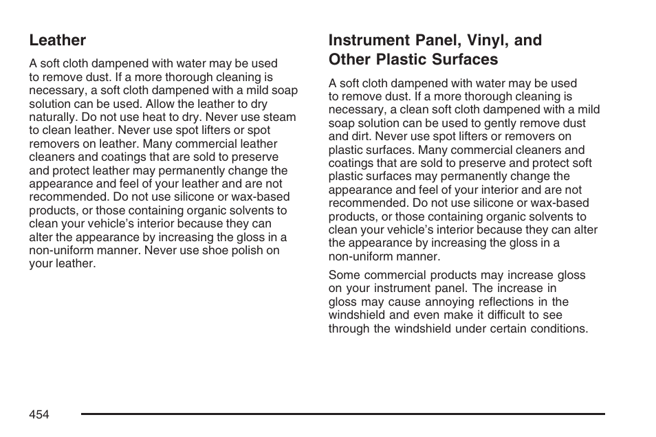 Leather, Leather instrument panel, vinyl, and, Other plastic surfaces | Buick 2007 Rendezvous User Manual | Page 454 / 528