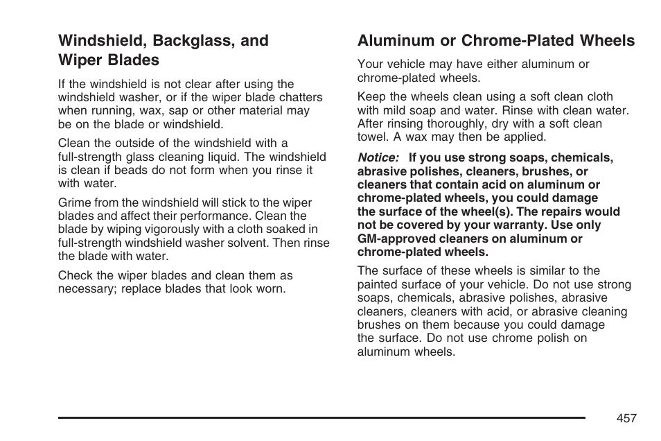 Windshield, backglass, and wiper blades, Aluminum or chrome-plated wheels, Windshield, backglass, and | Wiper blades | Buick 2007 Rendezvous User Manual | Page 457 / 528