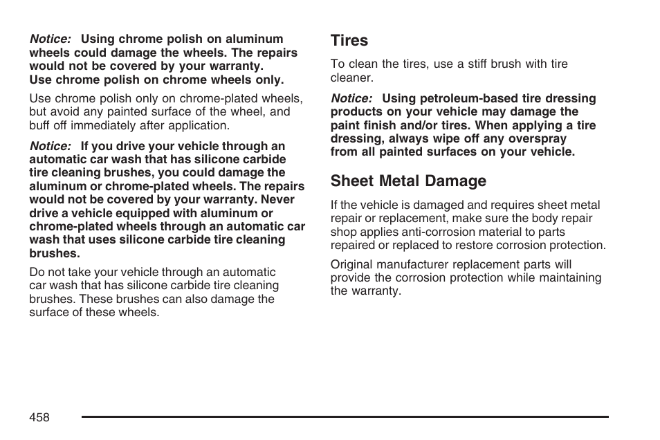 Tires, Sheet metal damage, Tires sheet metal damage | Buick 2007 Rendezvous User Manual | Page 458 / 528