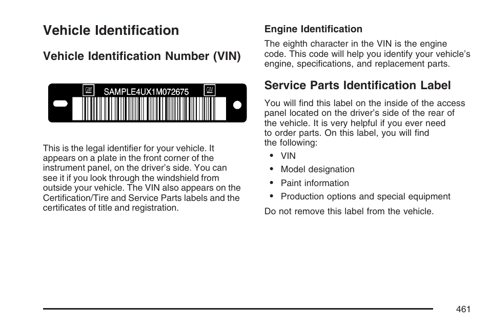 Vehicle identification, Vehicle identification number (vin), Service parts identification label | Buick 2007 Rendezvous User Manual | Page 461 / 528