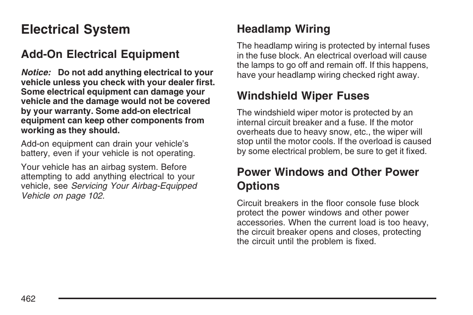 Electrical system, Add-on electrical equipment, Headlamp wiring | Windshield wiper fuses, Power windows and other power options, Power windows and other power, Options | Buick 2007 Rendezvous User Manual | Page 462 / 528