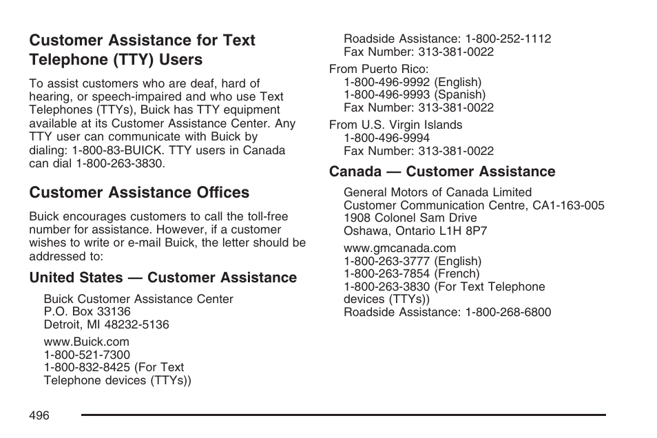 Customer assistance for text telephone (tty) users, Customer assistance offices, Customer assistance for text | Telephone (tty) users | Buick 2007 Rendezvous User Manual | Page 496 / 528