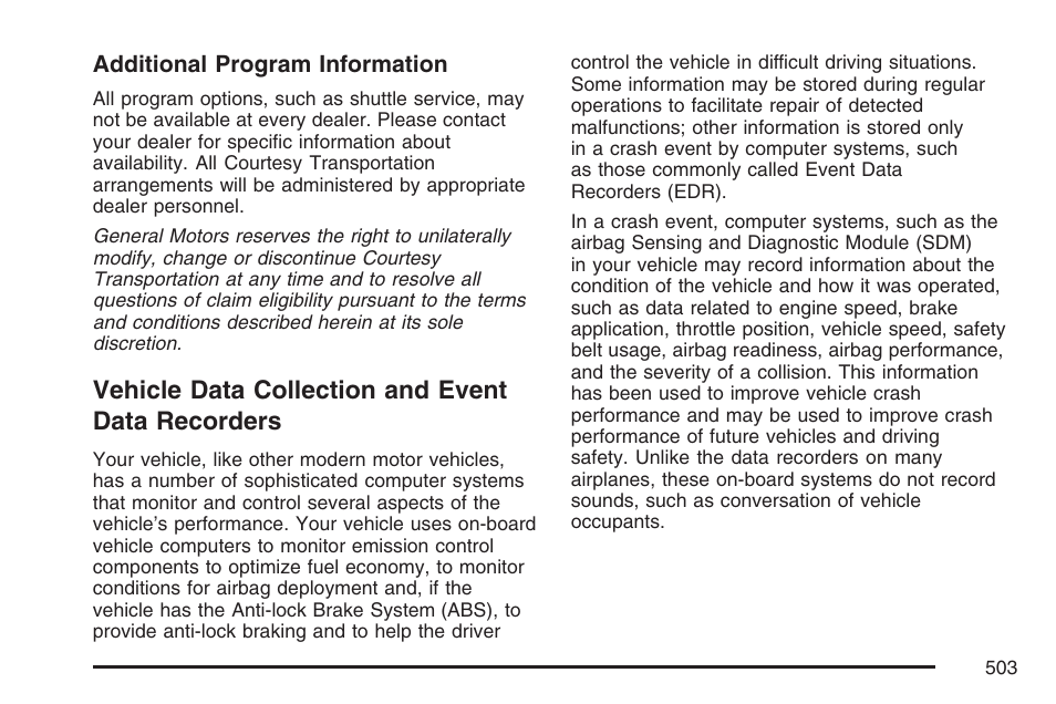 Vehicle data collection and event data recorders, Vehicle data collection and event, Data recorders | Buick 2007 Rendezvous User Manual | Page 503 / 528