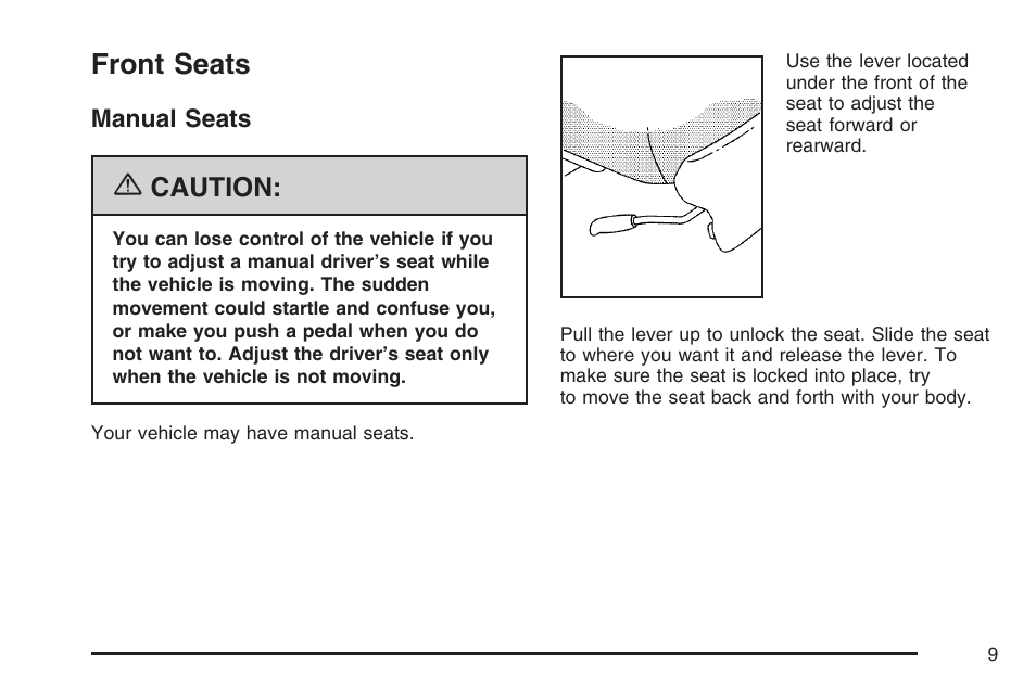 Front seats, Manual seats | Buick 2007 Rendezvous User Manual | Page 9 / 528