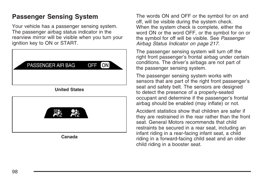 Passenger sensing system | Buick 2007 Rendezvous User Manual | Page 98 / 528