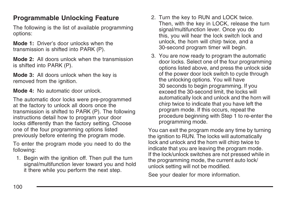 Programmable unlocking feature | Buick 2007 Rainier User Manual | Page 100 / 534
