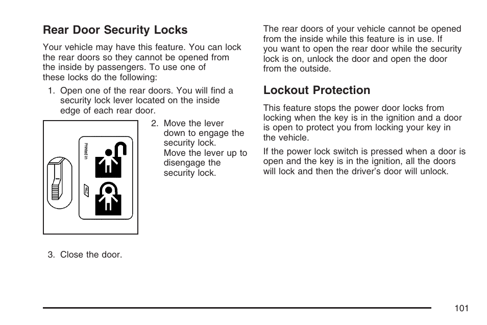 Rear door security locks, Lockout protection, Rear door security locks lockout protection | Buick 2007 Rainier User Manual | Page 101 / 534