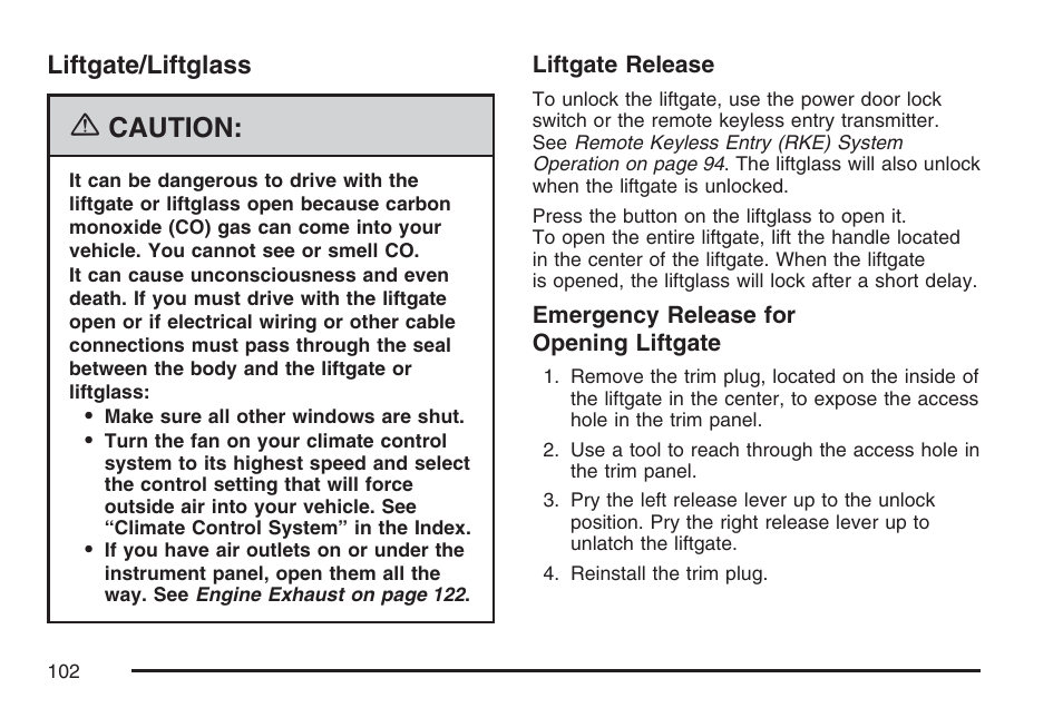 Liftgate/liftglass, Caution | Buick 2007 Rainier User Manual | Page 102 / 534