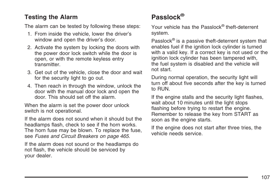 Passlock, Testing the alarm | Buick 2007 Rainier User Manual | Page 107 / 534