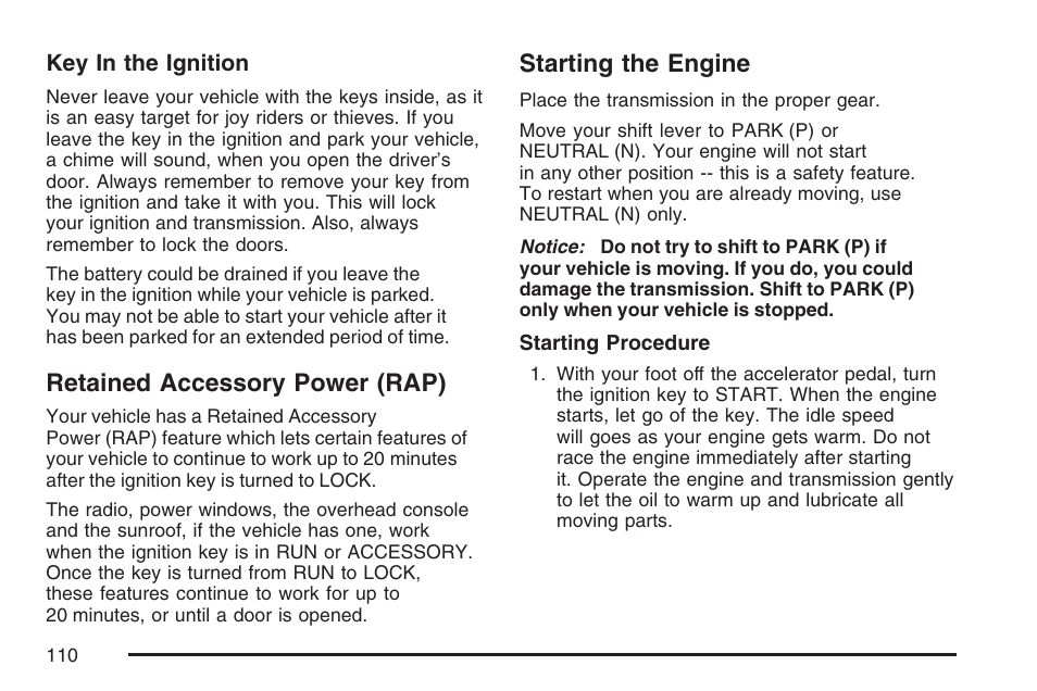 Retained accessory power (rap), Starting the engine, Retained accessory power (rap) starting the engine | Buick 2007 Rainier User Manual | Page 110 / 534