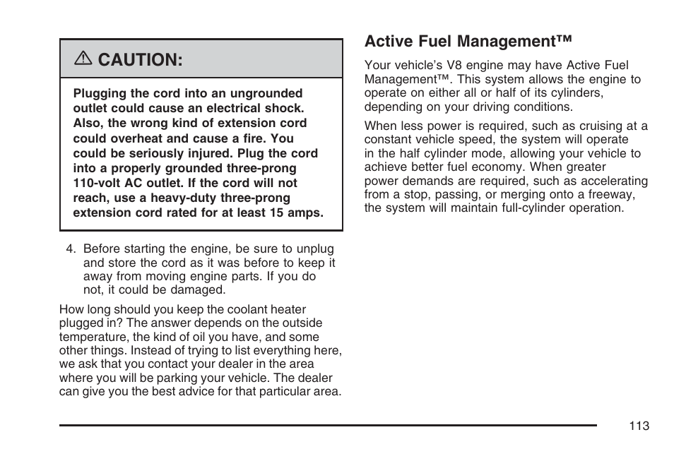 Active fuel management, Caution | Buick 2007 Rainier User Manual | Page 113 / 534