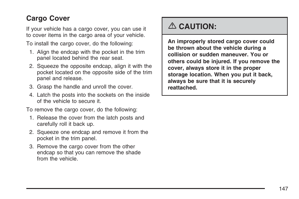 Cargo cover, Caution | Buick 2007 Rainier User Manual | Page 147 / 534