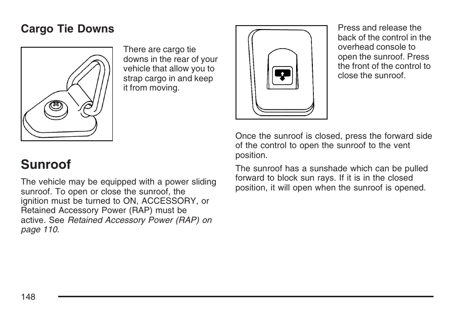 Cargo tie downs, Sunroof | Buick 2007 Rainier User Manual | Page 148 / 534