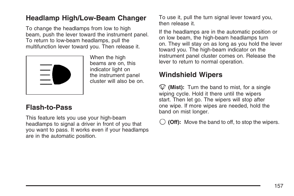Headlamp high/low-beam changer, Flash-to-pass, Windshield wipers | Buick 2007 Rainier User Manual | Page 157 / 534