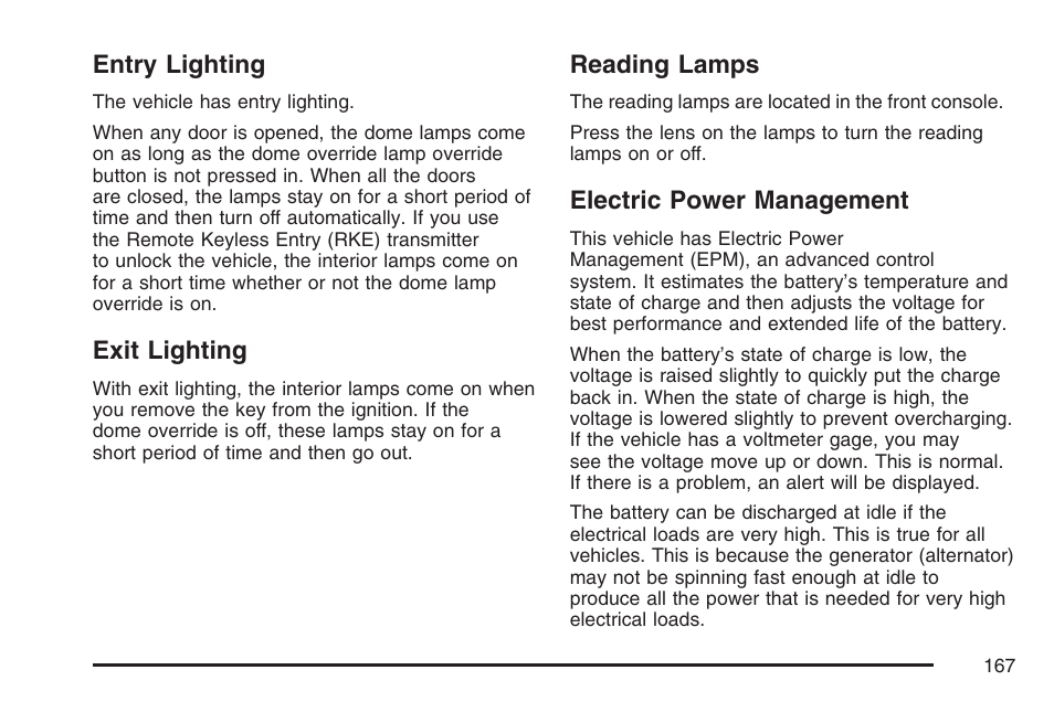 Entry lighting, Exit lighting, Reading lamps | Electric power management, Entry lighting exit lighting reading lamps | Buick 2007 Rainier User Manual | Page 167 / 534