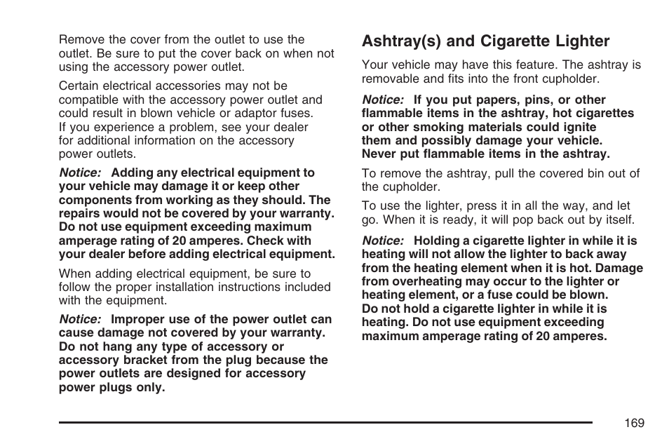 Ashtray(s) and cigarette lighter | Buick 2007 Rainier User Manual | Page 169 / 534