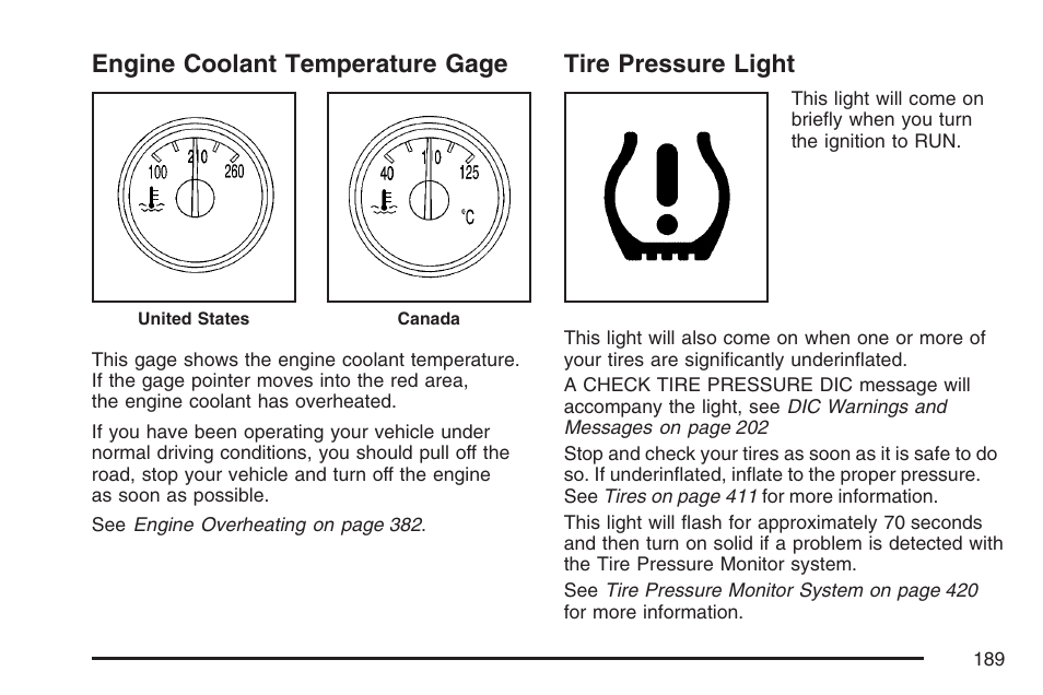 Engine coolant temperature gage, Tire pressure light | Buick 2007 Rainier User Manual | Page 189 / 534