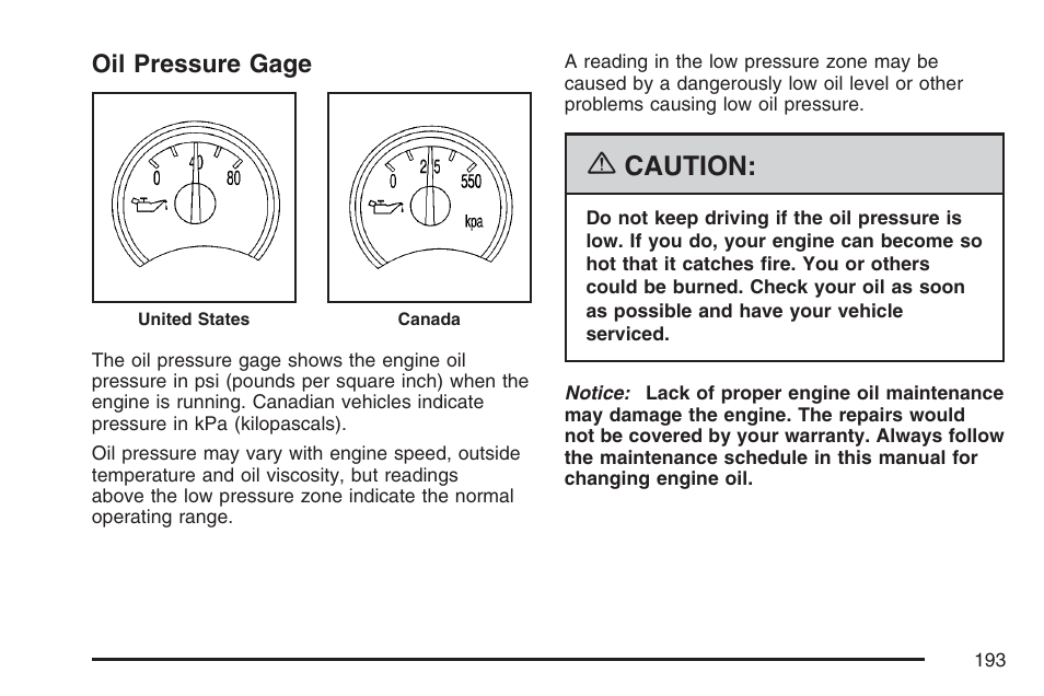 Oil pressure gage, Caution | Buick 2007 Rainier User Manual | Page 193 / 534