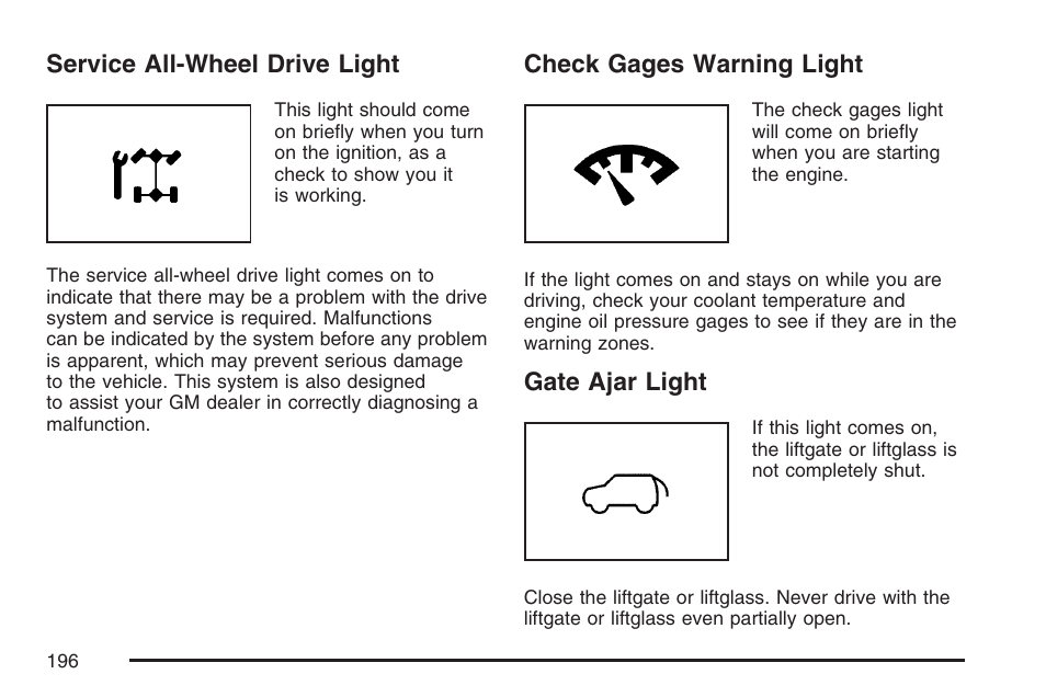 Service all-wheel drive light, Check gages warning light, Gate ajar light | Buick 2007 Rainier User Manual | Page 196 / 534