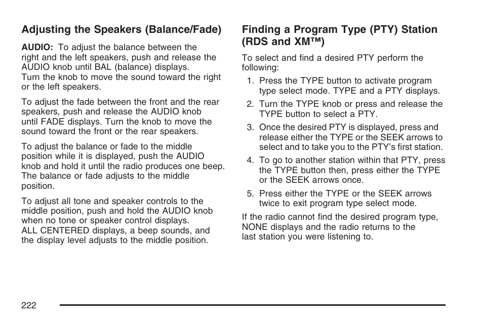 Adjusting the speakers (balance/fade), Finding a program type (pty) station (rds and xm™) | Buick 2007 Rainier User Manual | Page 222 / 534