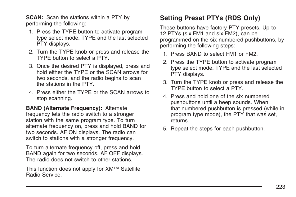Setting preset ptys (rds only) | Buick 2007 Rainier User Manual | Page 223 / 534