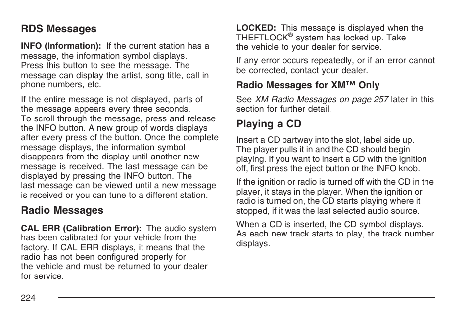Rds messages, Radio messages, Playing a cd | Buick 2007 Rainier User Manual | Page 224 / 534