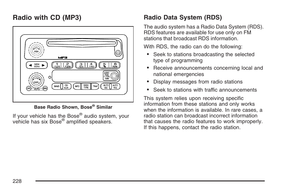 Radio with cd (mp3), Radio data system (rds) | Buick 2007 Rainier User Manual | Page 228 / 534