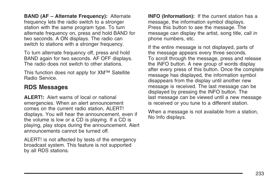Rds messages | Buick 2007 Rainier User Manual | Page 233 / 534