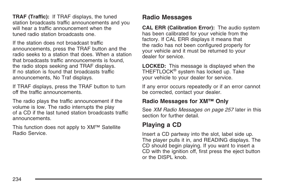 Radio messages, Playing a cd | Buick 2007 Rainier User Manual | Page 234 / 534